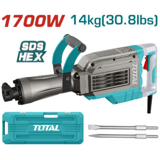 Power hammer drill labeled 1700W SDS HEX with teal accents, shown with carrying case and two chisel bits