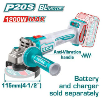 Cordless angle grinder with anti-vibration handle and teal accents; 115 mm wheel, battery and charger sold separately