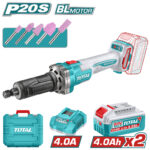 Total brushless cordless angle grinder with turquoise body, showing two 4.0Ah 20V batteries, charger, carrying case, and pink sanding pads.