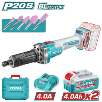 Total brushless cordless angle grinder with turquoise body, showing two 4.0Ah 20V batteries, charger, carrying case, and pink sanding pads.