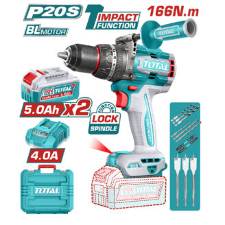 teal TotAL cordless drill with bits and battery pack; showcasing 20V Li‑ion power, storage case and accessories