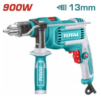 Cordless drill with turquoise body and silver accents, TOTAL branding, 900W, 13mm chuck, with side handle.