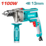 Corded turquoise and silver drill with 1100W power rating and 13mm chuck, Total brand, shown with side handle and plug