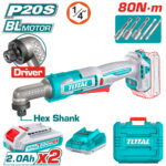 Teal Total cordless brushless drill/driver with hex shank, two 20V batteries, charger, bit set, and turquoise case.