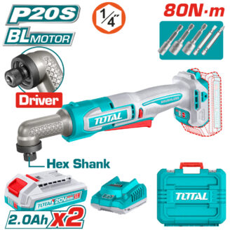 Teal Total cordless brushless drill/driver with hex shank, two 20V batteries, charger, bit set, and turquoise case.