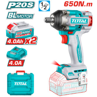 Teal Total cordless drill/driver with 20V max battery, shown with two 4.0Ah packs and case.