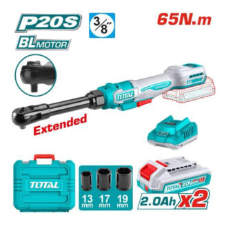 Cordless drill kit in turquoise with battery pack and charger; includes case, sockets (13/17/19 mm) and 20V dual 2.0Ah batteries; extendable drill body features TLTotal branding.