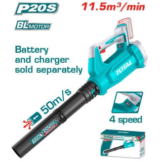 Teal Total cordless blower with 4 speed settings; 20V battery, nozzle, and packaging shown; battery/charger sold separately