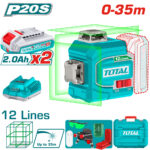 Toy laser level projecting 12 green lines up to 35 m, with battery pack, charger, and case.