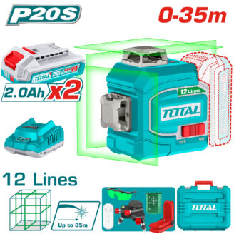 Toy laser level projecting 12 green lines up to 35 m, with battery pack, charger, and case.