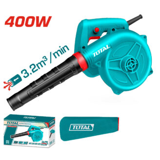 Teal Total brand hot air blower with 400W output and 3.2 m³/min airflow, shown with nozzle and accessories box and sleeve cap.