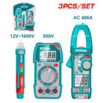 3-piece electrical test tool set: digital multimeter, clamp meter, and voltage tester with AC/DC range indicators 12V–1000V and 600V clamp meter image 400A/AC 400A label