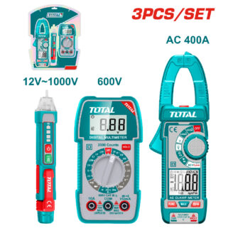 3-piece electrical test tool set: digital multimeter, clamp meter, and voltage tester with AC/DC range indicators 12V–1000V and 600V clamp meter image 400A/AC 400A label