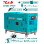Teal diesel generator with multiple feature banners: 10kW single-phase, low noise, remote control, water-cooled, V-twin 794cc engine, five-pin ATS panel, copper coil alternator.