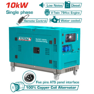 Teal diesel generator with multiple feature banners: 10kW single-phase, low noise, remote control, water-cooled, V-twin 794cc engine, five-pin ATS panel, copper coil alternator.