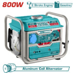 Turquoise portable gasoline generator with a metal frame, showing '800W' max power and 'Aluminum Coil Alternator' on the banner.