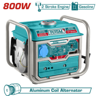 Turquoise portable gasoline generator with a metal frame, showing '800W' max power and 'Aluminum Coil Alternator' on the banner.