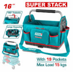 16-inch foldable teal tool bag with 19 pockets, red trim, carrying handle and shoulder strap; max load 15 kg (tools shown in pockets).