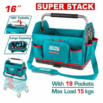 16-inch foldable teal tool bag with 19 pockets, red trim, carrying handle and shoulder strap; max load 15 kg (tools shown in pockets).