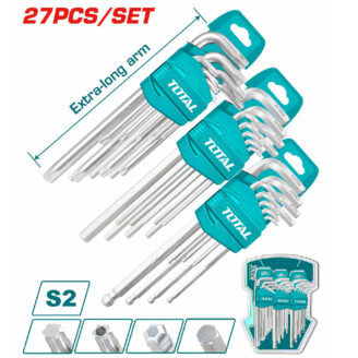 27-piece set of extra-long Allen wrenches in turquoise holders, arranged in a fan