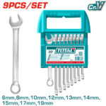 Nine-piece metric wrench set with a turquoise case and a standalone open-end wrench; sizes 6mm–19mm.