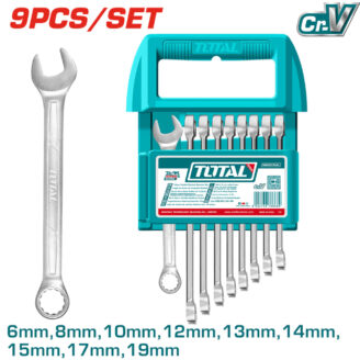 Nine-piece metric wrench set with a turquoise case and a standalone open-end wrench; sizes 6mm–19mm.
