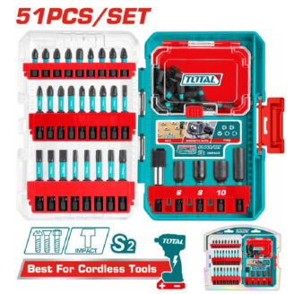 Tool bit set in teal and red case with 51-piece screwdriver bits and accessories, TOTAL brand, compact storage for cordless tools