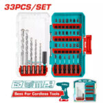 33-piece screwdriver and drill bit set in a turquoise case, with bits organized in red holders inside the open case