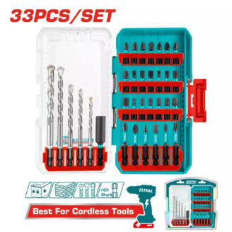 33-piece screwdriver and drill bit set in a turquoise case, with bits organized in red holders inside the open case