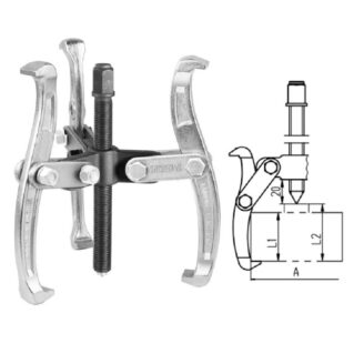 3-jaw gear/puller tool with central screw and spoiler arms, used to extract bearings or pulleys (mechanics setup).