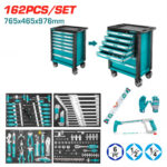 162-piece tool set with a teal rolling tool chest, showing drawers and assembled/expanded positions; includes wrenches, sockets, saw, level, gloves and accessories.
