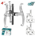 4-inch gear puller with center screw and jaws, shown with product box and technical drawing for size and reach