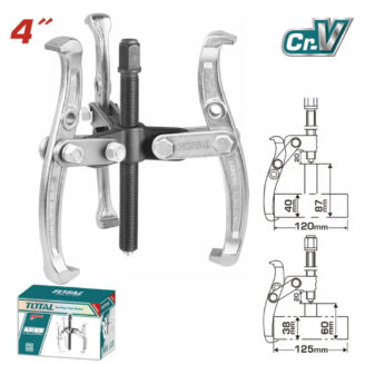4-inch gear puller with center screw and jaws, shown with product box and technical drawing for size and reach