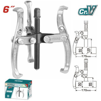 6-inch gear puller with three jaws and central forcing screw; includes packaging box and technical dimension drawings on the side (Total brand).