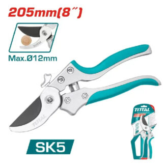 Teal and silver bypass pruning shears with SK5 steel blades, 205 mm length, shown with packaging inset.