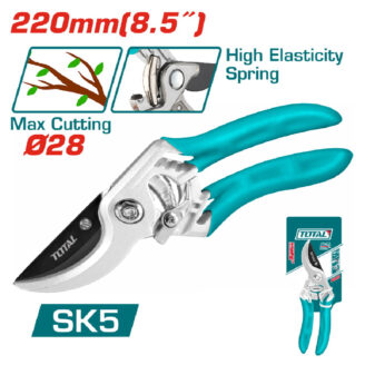 Teal-handled pruning shears with steel blades, 220mm length and 28mm max cut capacity (SK5).
