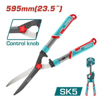 Telescoping bypass pruning shears with turquoise handles and red knobs, 59.5 cm overall, SK5 branding and a close-up control knob.