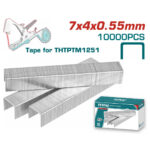Stack of metal tape strips with a turquoise Total box; labels read 7x4x0.55 mm, 10000 PCS, tape for THTPM1251 (industrial packaging)