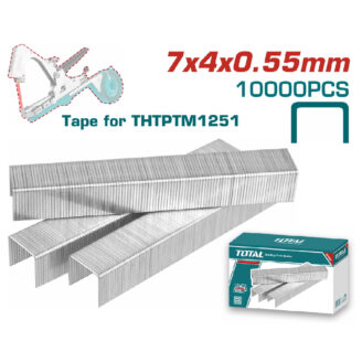Stack of metal tape strips with a turquoise Total box; labels read 7x4x0.55 mm, 10000 PCS, tape for THTPM1251 (industrial packaging)