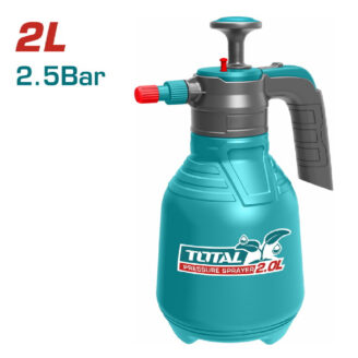 Turquoise 2-liter pressure sprayer with gray trigger handle and red nozzle, labeled TOTAL.