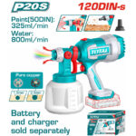 Cordless spray gun with turquoise body and white reservoir, labeled Total, showing nozzle and trigger.