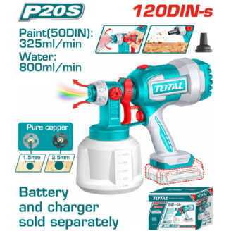 Cordless spray gun with turquoise body and white reservoir, labeled Total, showing nozzle and trigger.