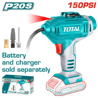 Turquoise cordless drill with red trigger and 20V battery; text notes battery and charger sold separately, with product box in lower left corner.