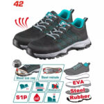 Pair of black safety shoes with teal lining, highlighting features: steel toe cap, steel midsole, water/oil resistance, and EVA/Rubber outsole logos.