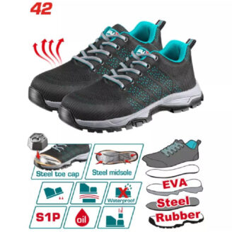 Pair of black safety shoes with teal lining, highlighting features: steel toe cap, steel midsole, water/oil resistance, and EVA/Rubber outsole logos.