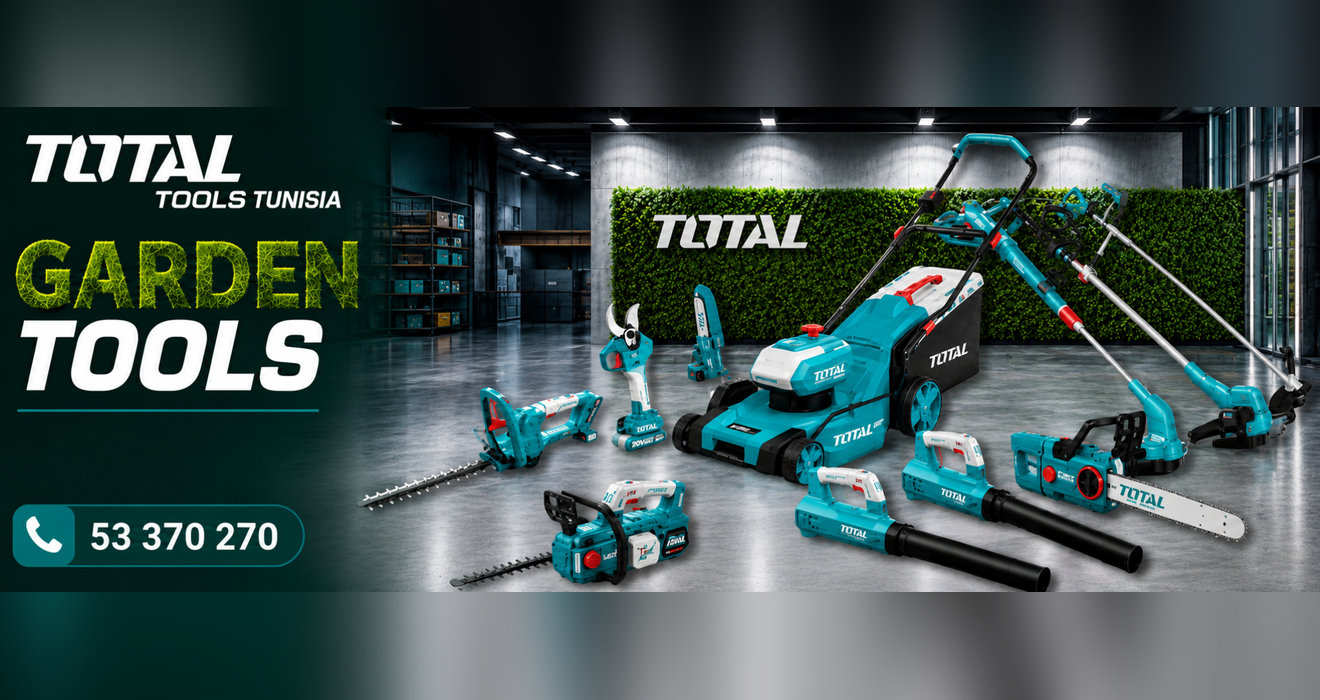 2_banner_1320x700 TOTAL Tools Tunisia garden tools display in a showroom with teal power tools and bold 'GARDEN TOOLS' text on the left.