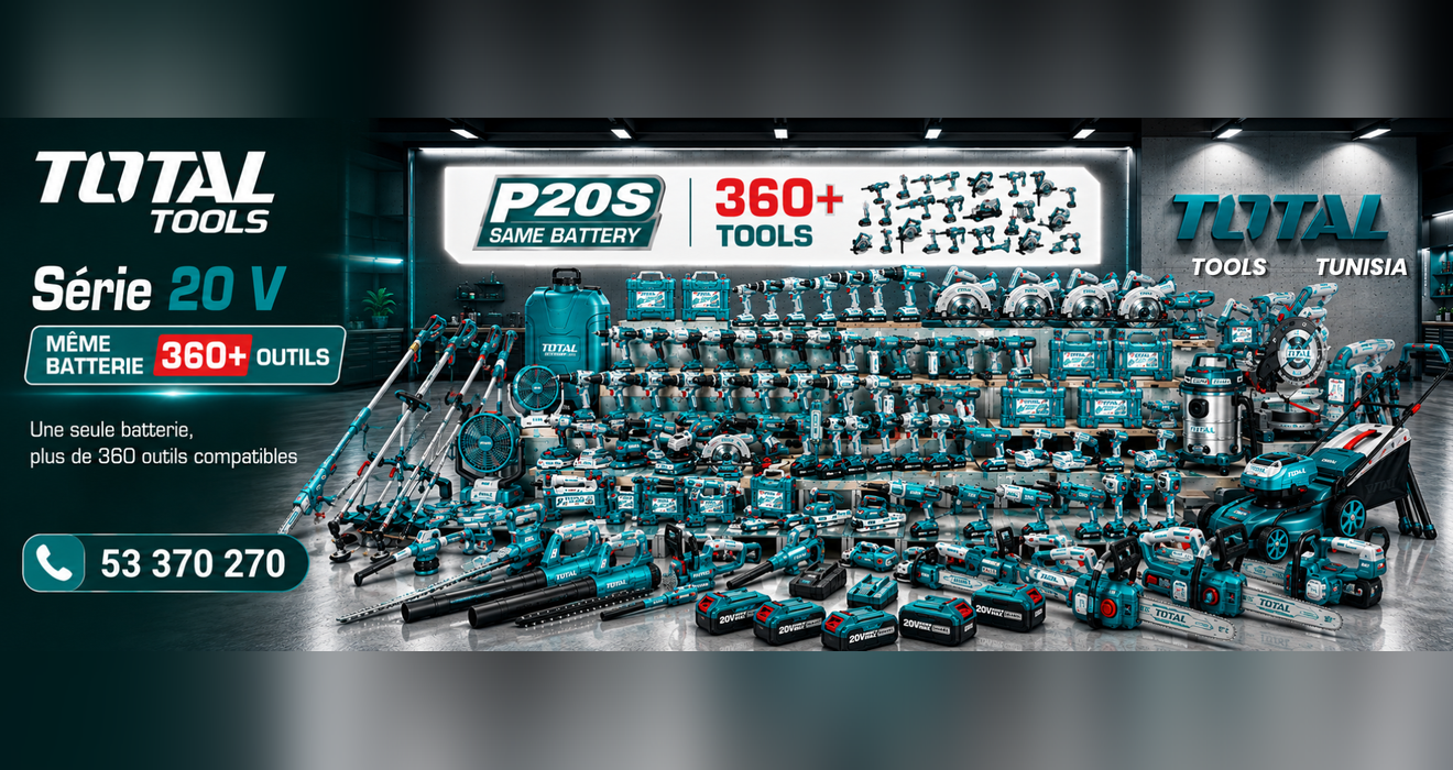 3_banner_1320x700 Promotional banner for Total Tools displaying a 20V cordless tool line and 360+ tools in a teal showroom setting.