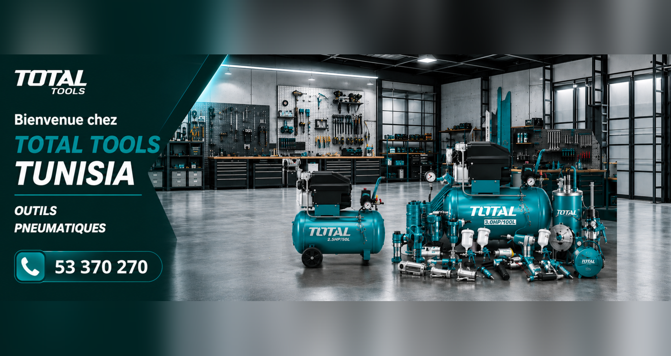 4_banner_1320x700 Promotional banner for Total Tools Tunisia showing teal pneumatic tools and a workshop background, with contact number 53 370 270 on the left.