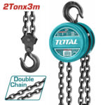 Manual chain hoist (2-ton, 3-meter) with double lifting chains and a large hook, teal Total brand for lifting heavy loads.