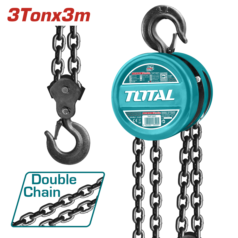 200223108003 — Totaltools Teal Total 3-ton chain hoist with a hook and long double chains, shown with a 3 m length label